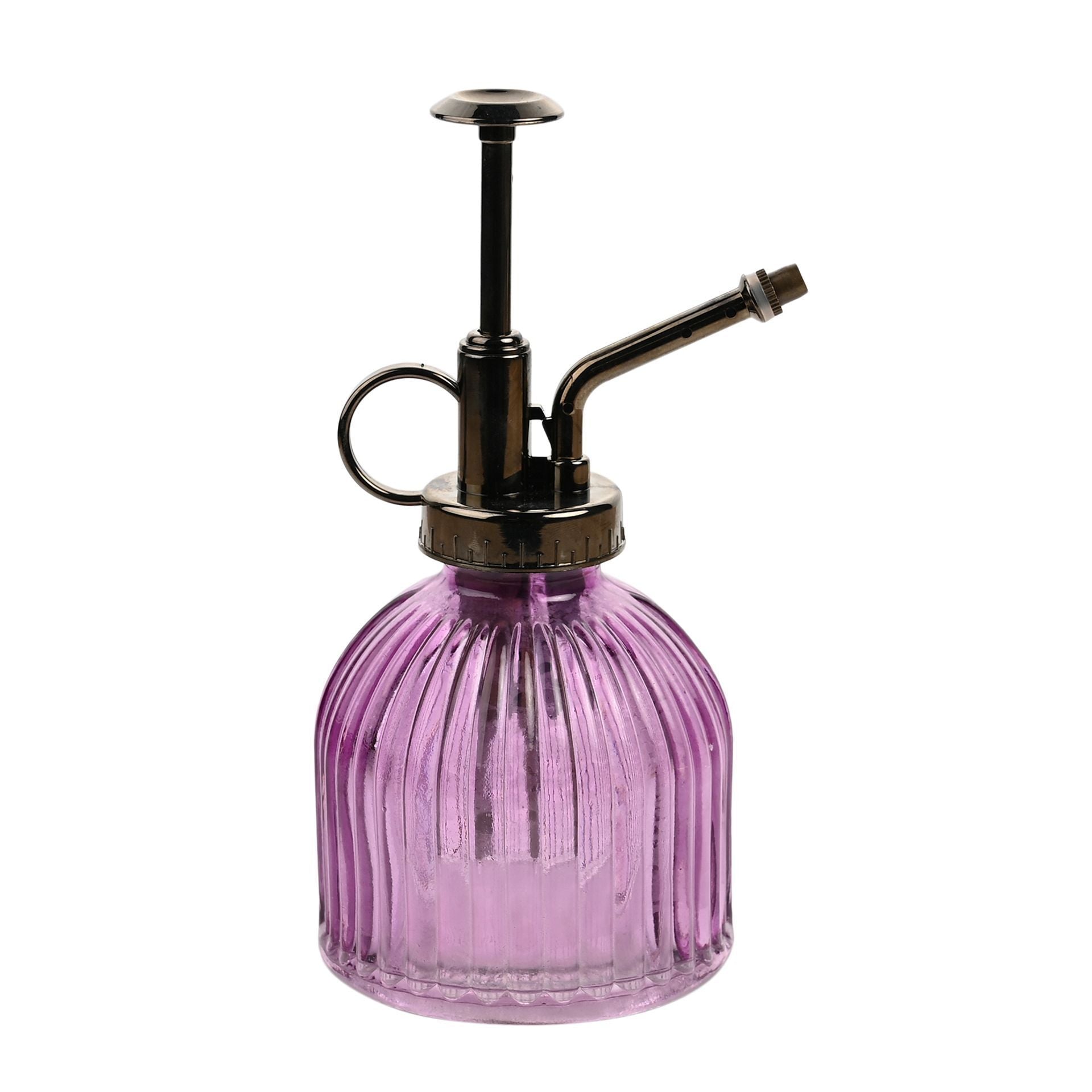 Purple glass spray bottle with black pump on a white background