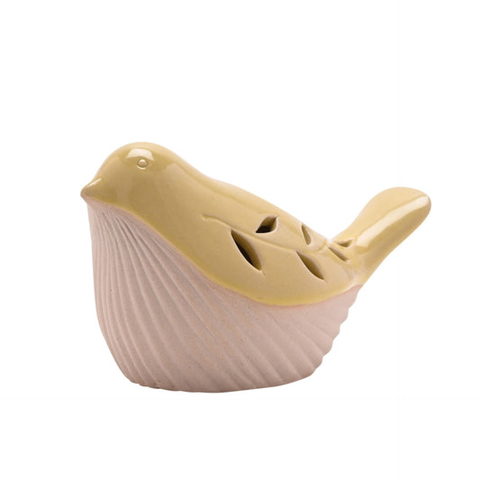 Ceramic bird-shaped container with a yellow top and beige bottom on a white background