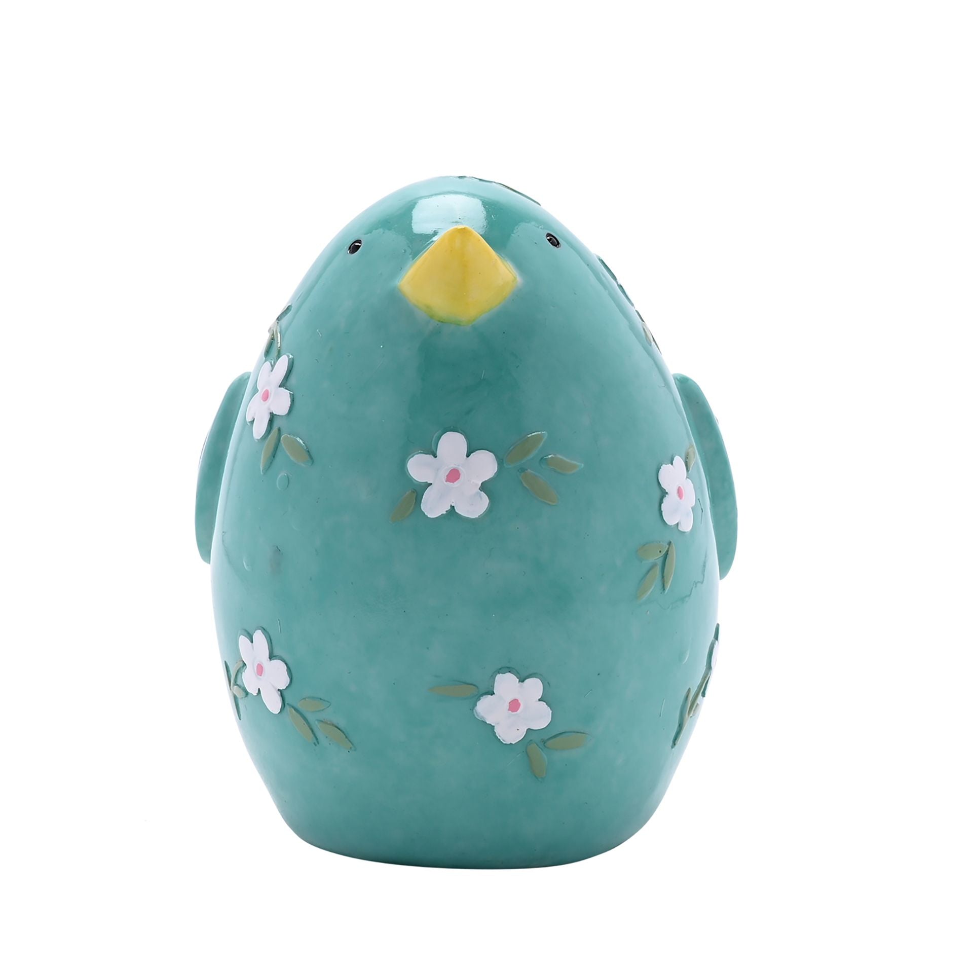 Teal ceramic duck with floral patterns on a white background