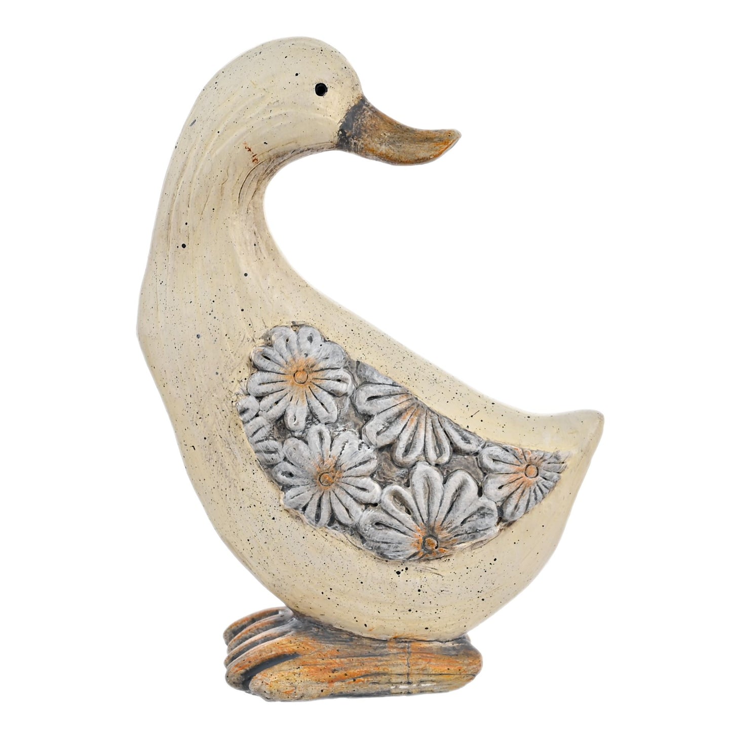 Decorative duck figurine with floral design on a white background