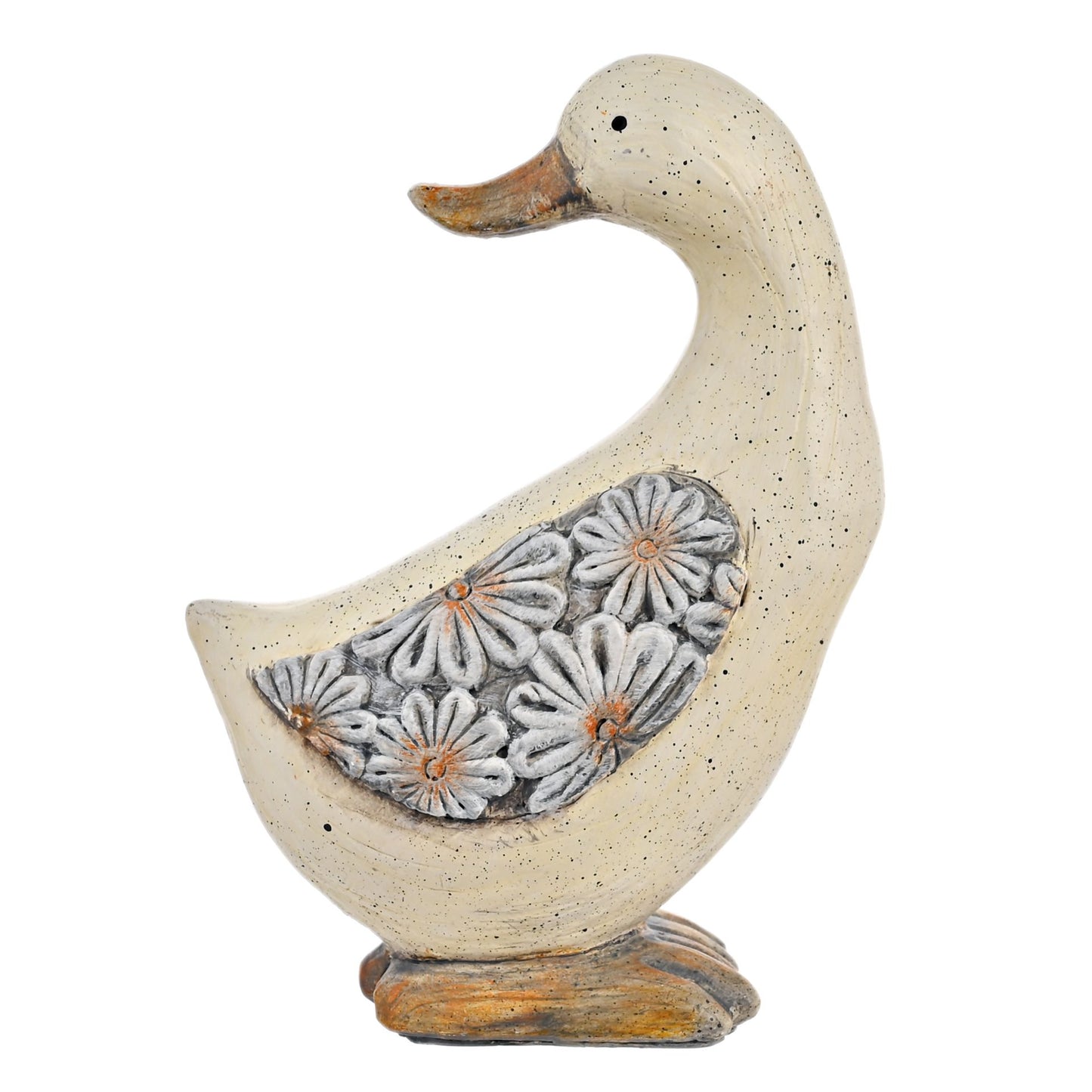 Decorative duck figurine with floral pattern on a white background