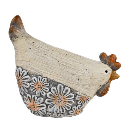 Decorative ceramic chicken with floral patterns on a white background