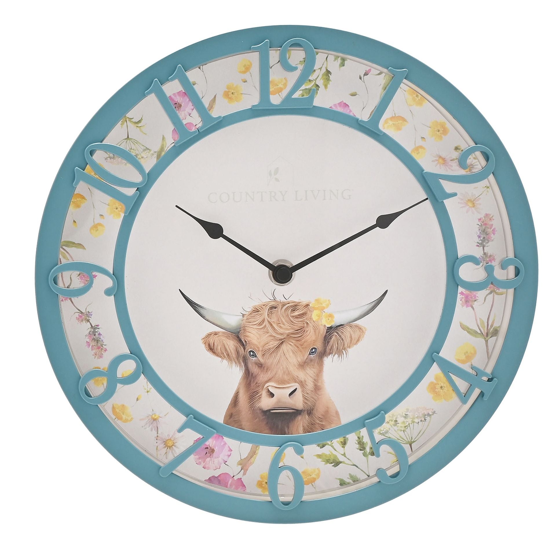 Wall clock with a cow illustration and floral design on a white background
