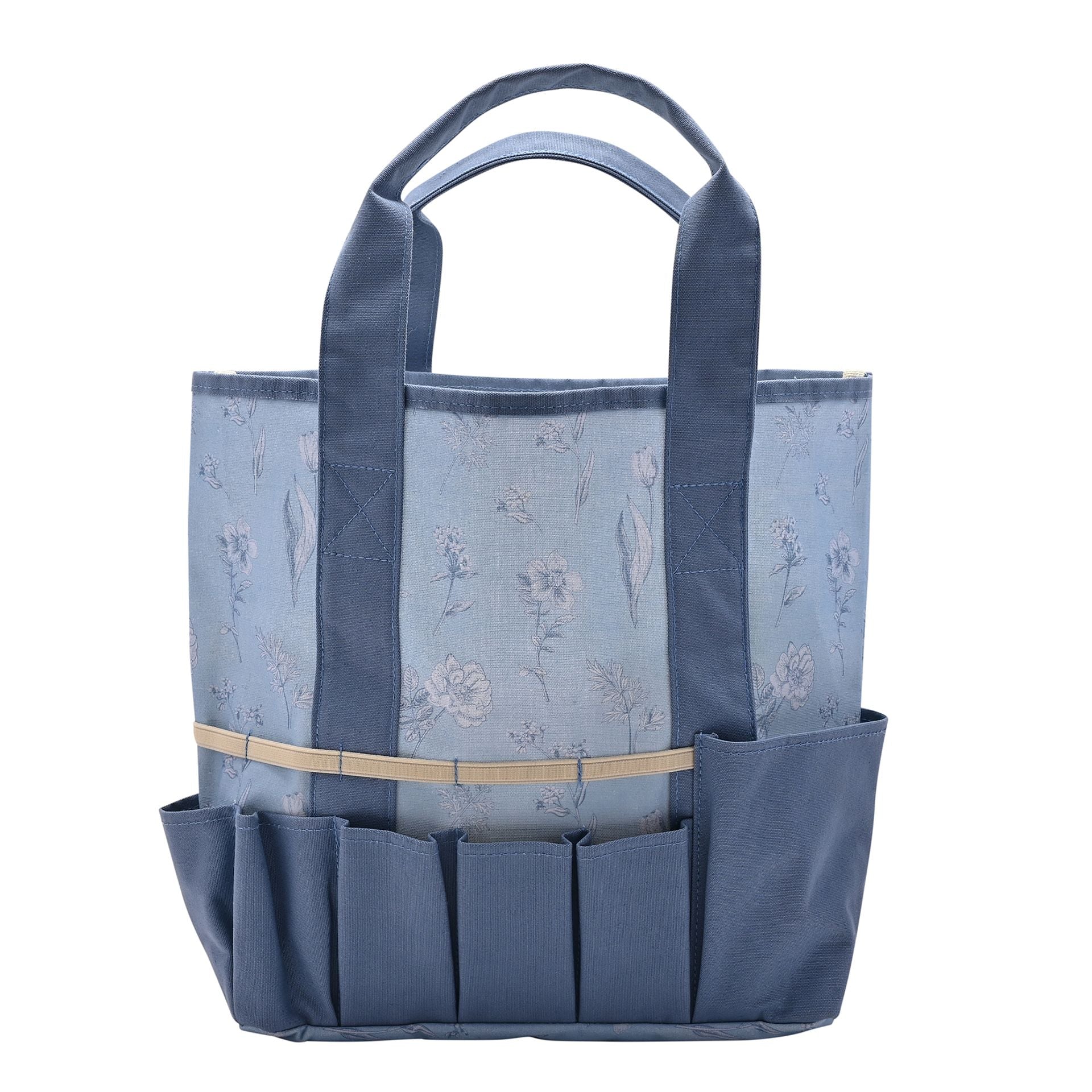 Blue tote bag with floral pattern and multiple pockets on a white background