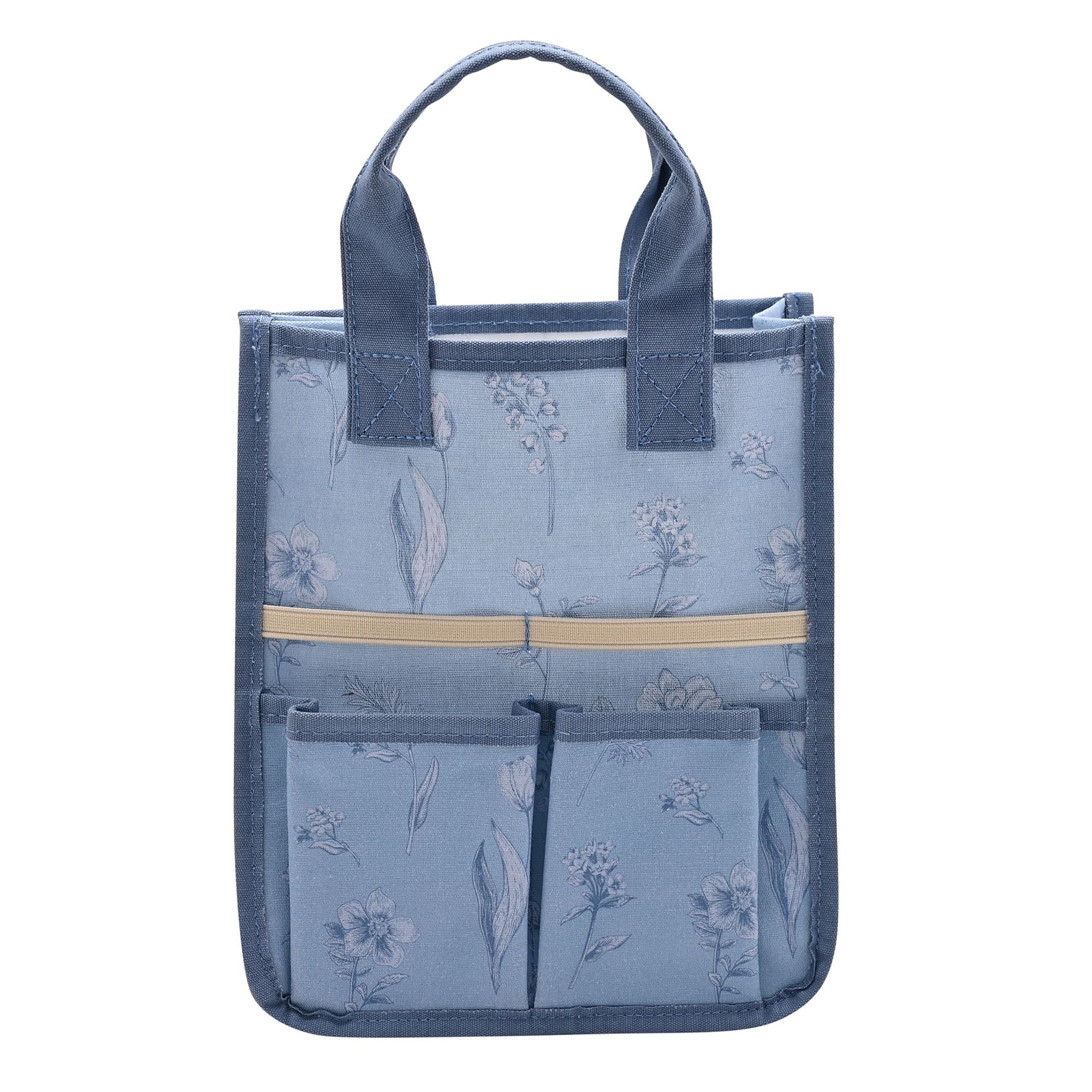 Blue tote bag with floral pattern and a pocket on a white background