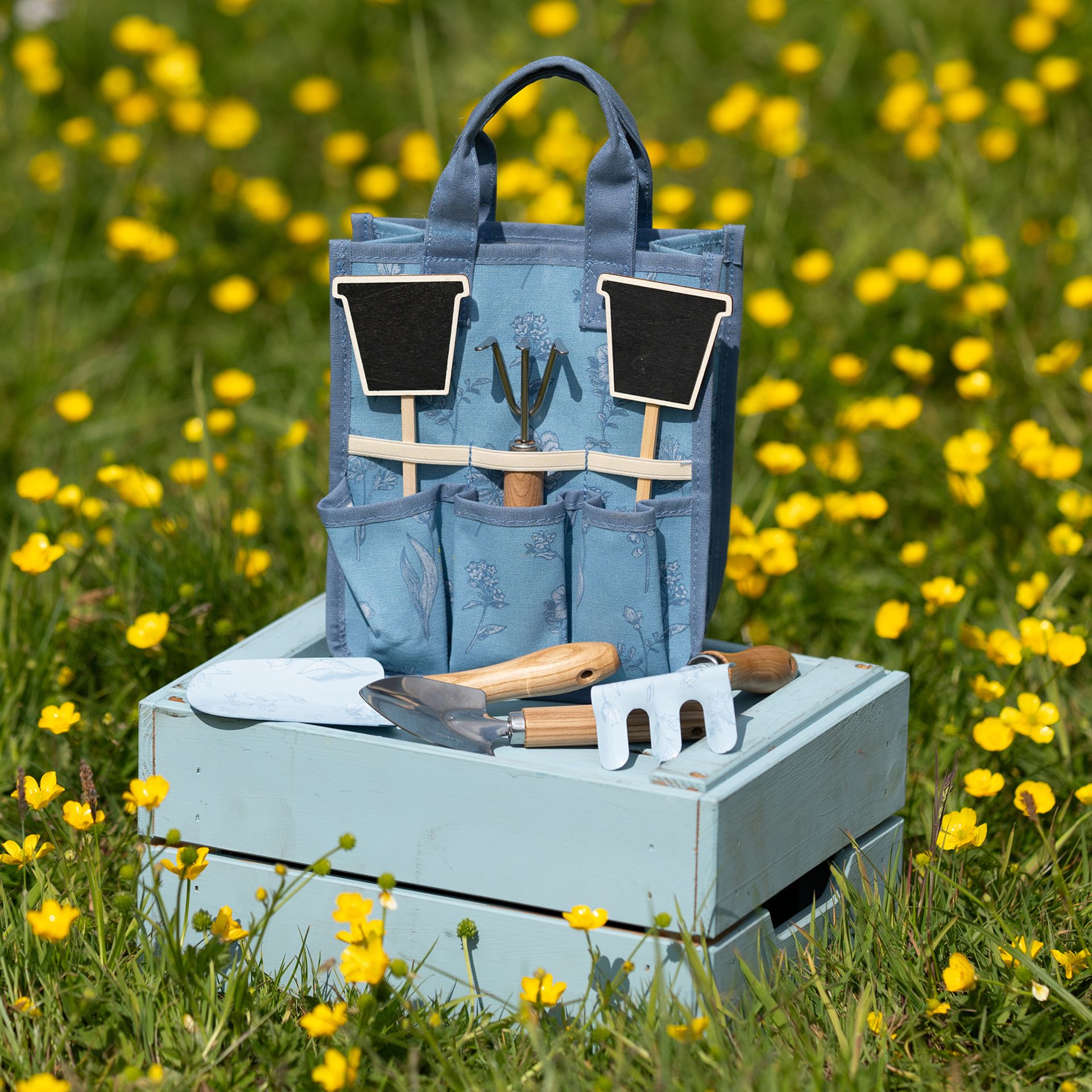 Blue gardening tool set with tools and bags on a wooden crate in a field of yellow flowers.