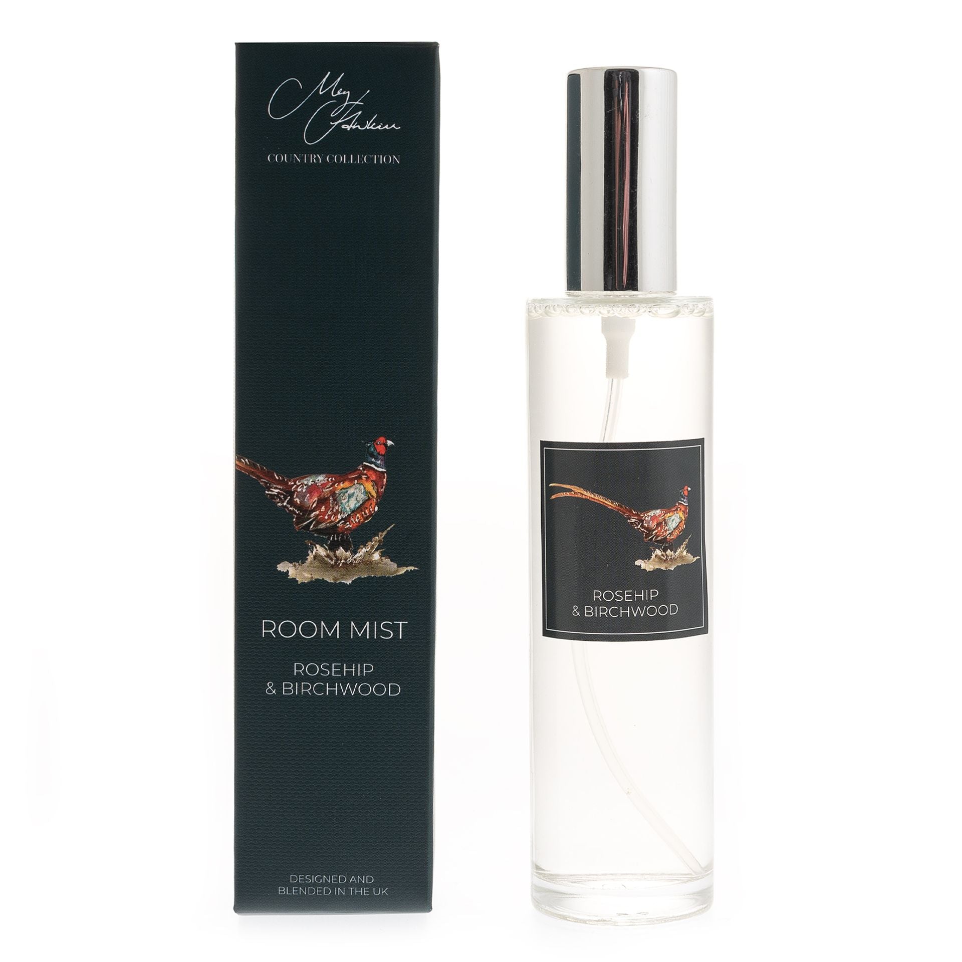 Room mist bottle with packaging featuring a pheasant design on a white background