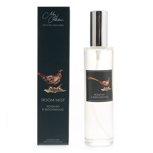 Room mist bottle with packaging featuring a pheasant design on a white background