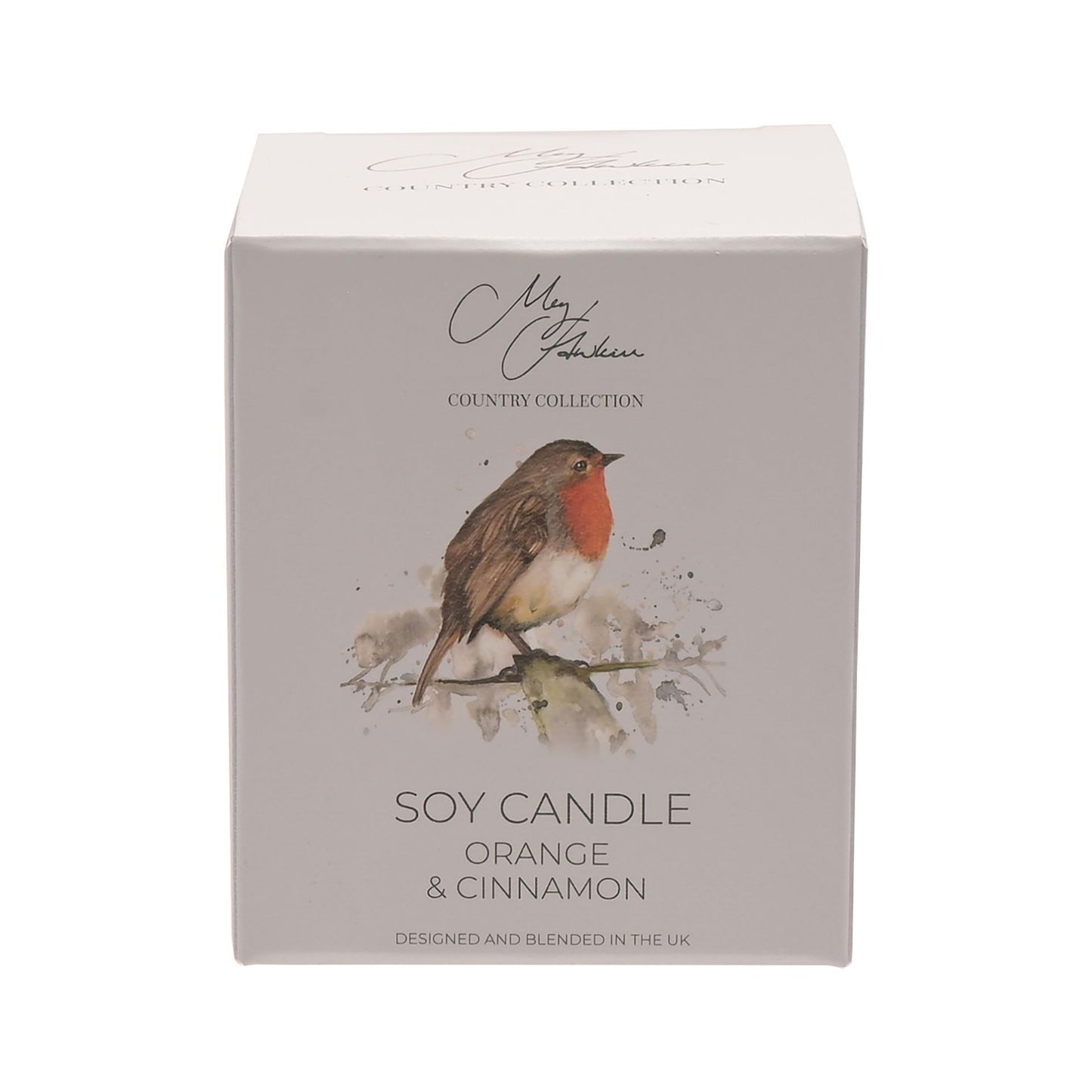 Soy candle packaging with a robin design on a white background