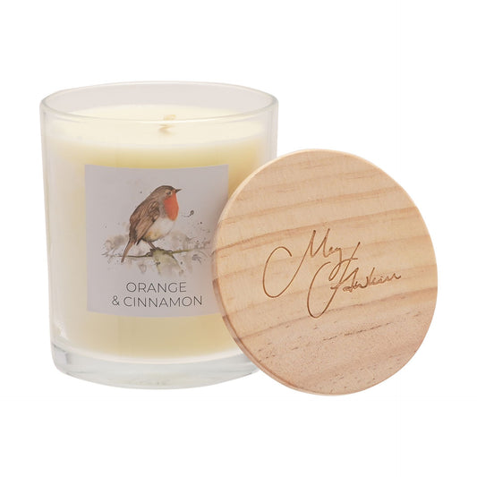 Candle with a wooden lid featuring a bird illustration and 'Orange & Cinnamon' text on a white background.