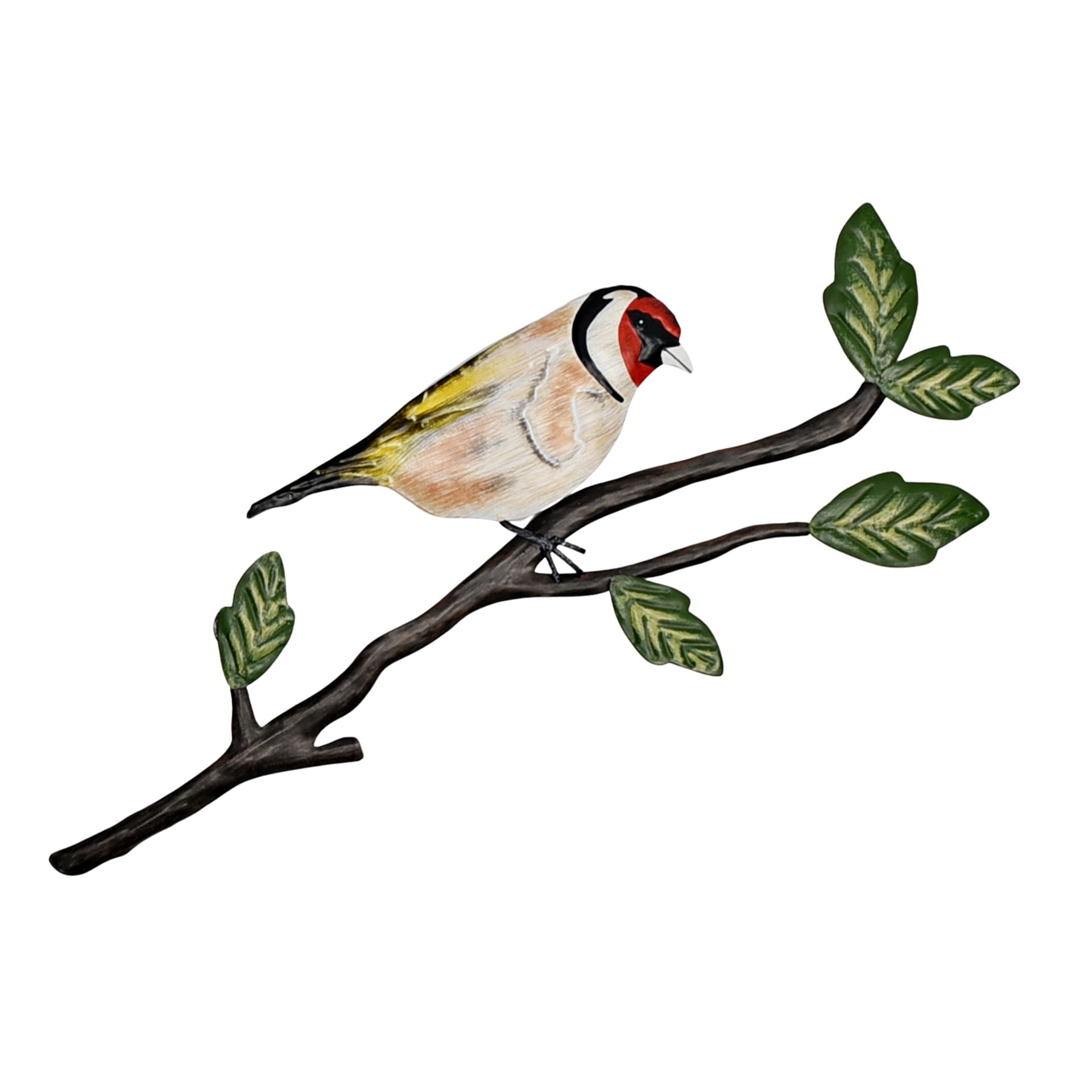 Decorative metal wall art of a bird on a branch with leaves