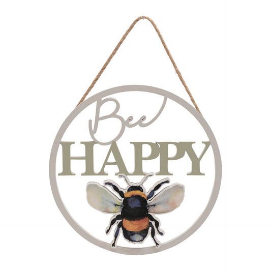 Decorative sign with a bee and 'Bee Happy' text on a white background