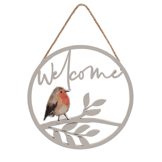 Decorative metal sign with a robin and 'Welcome' text on a white background