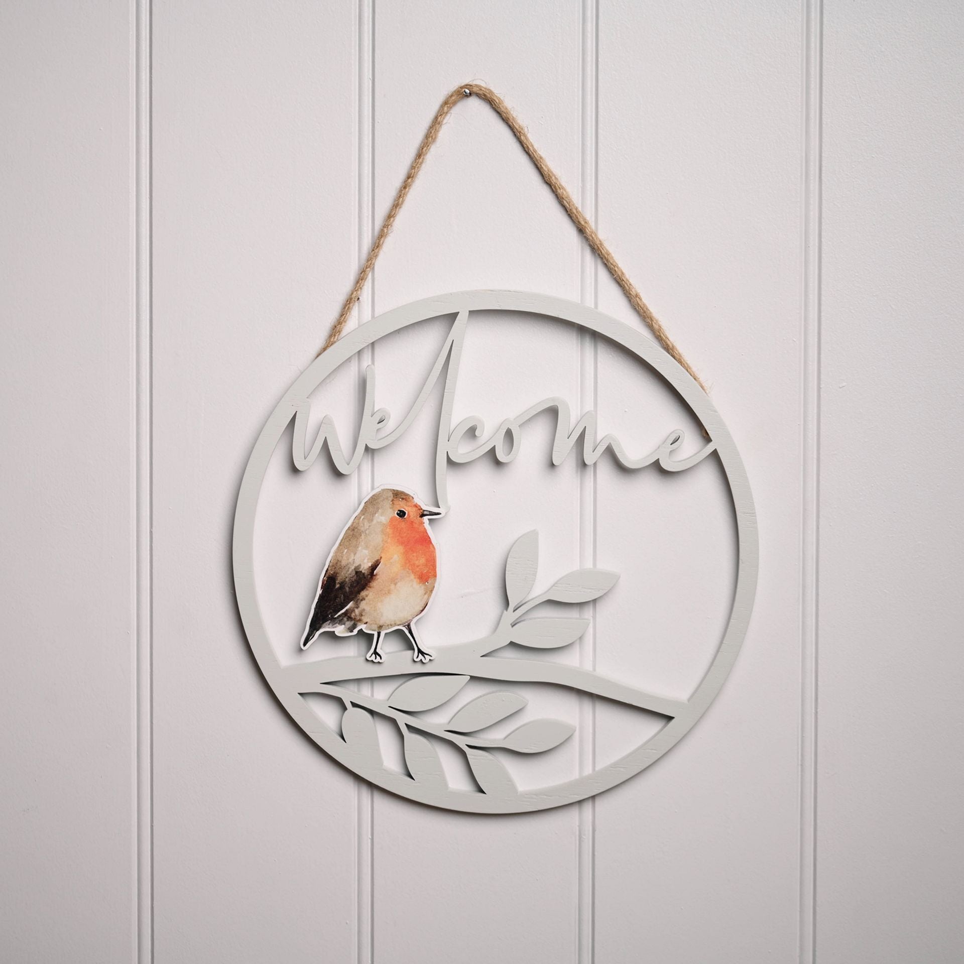 Decorative wall hanging with 'Welcome' text and a robin design on a light gray background.