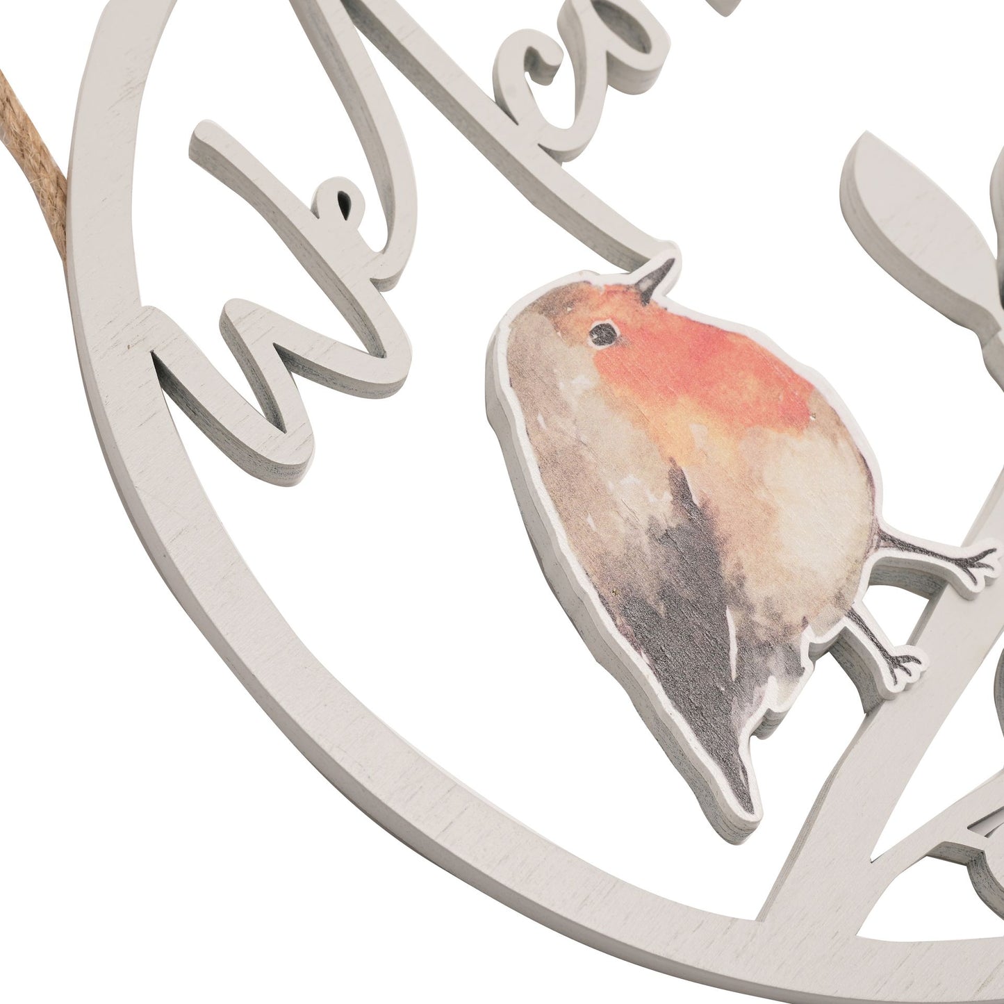 Decorative wall art with a robin bird and 'Welcome' text on a white background