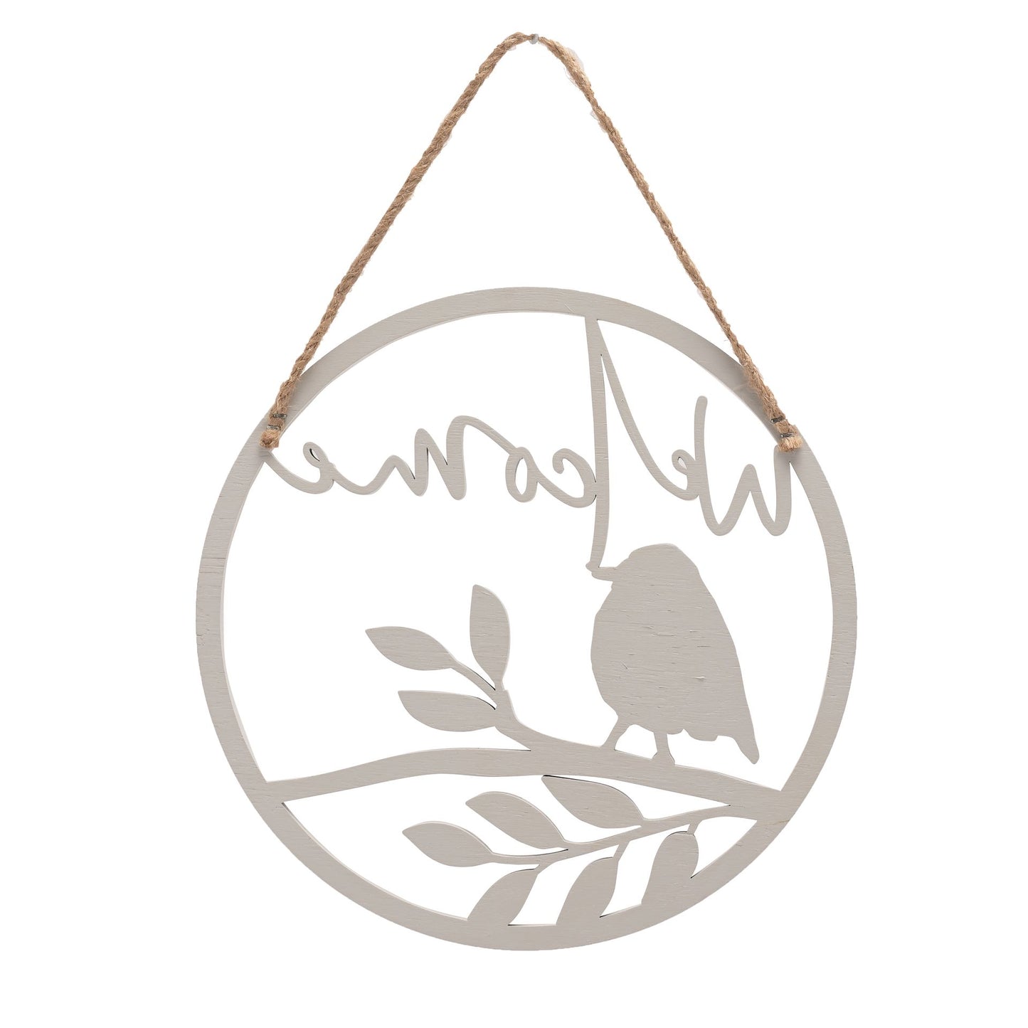 Decorative metal wall hanging with bird and leaf design on a white background