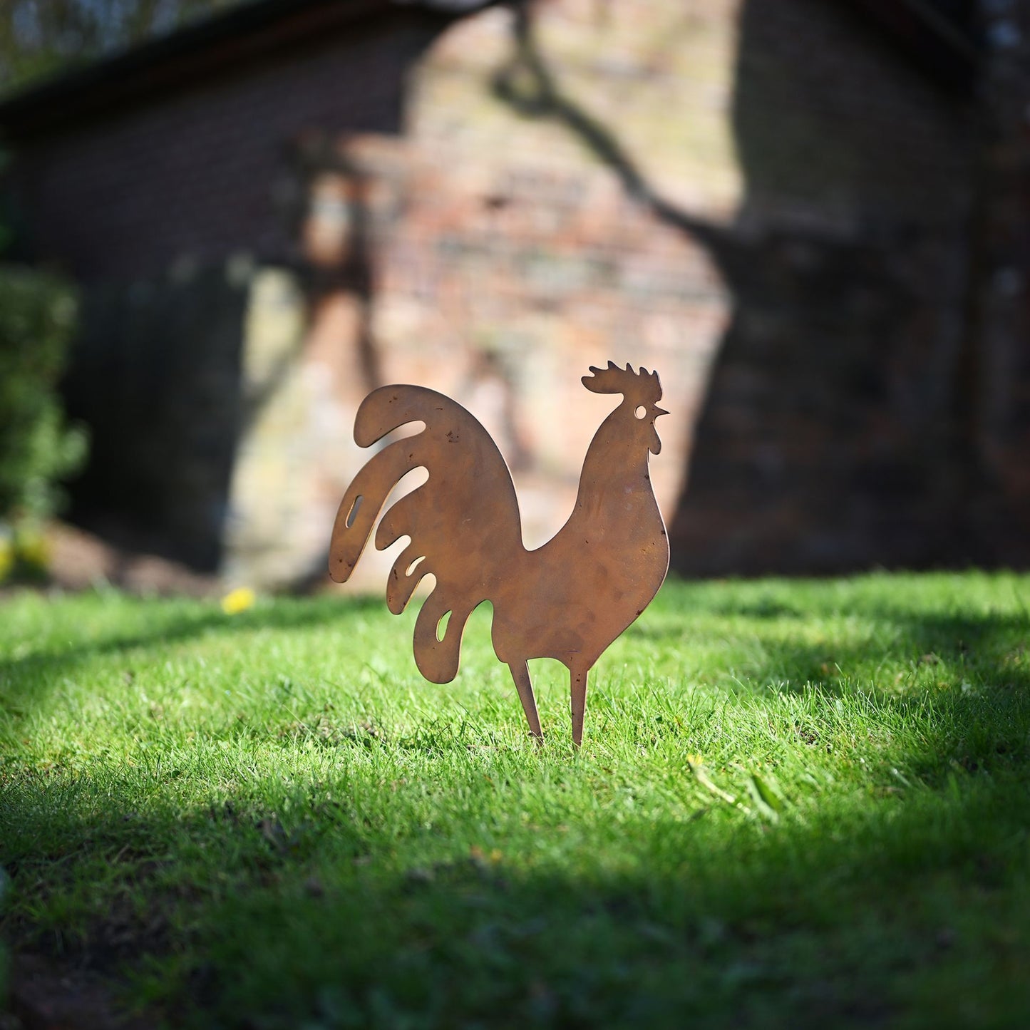 Metal rooster sculpture on grass with blurred background