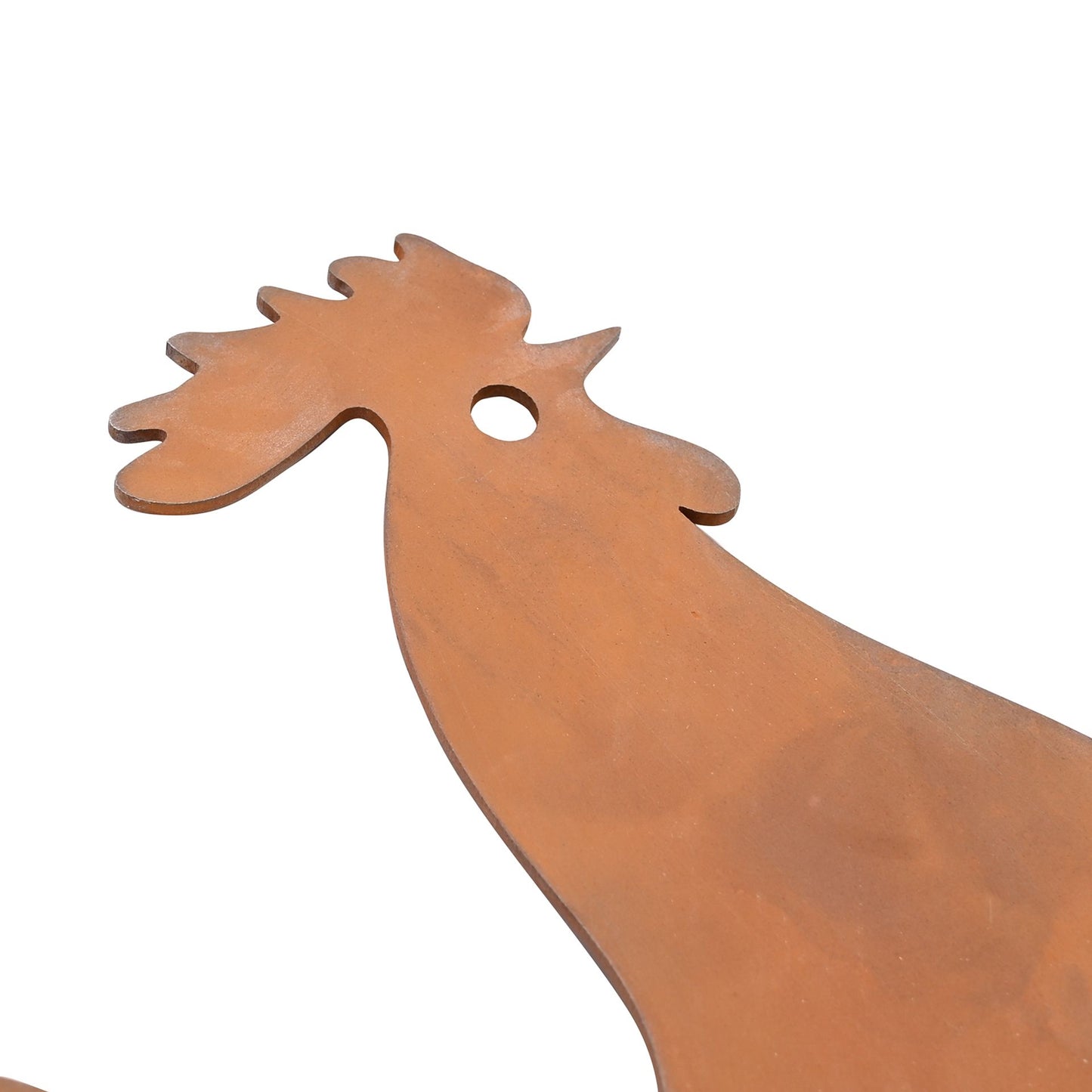 Rust-colored metal rooster sculpture on a white background