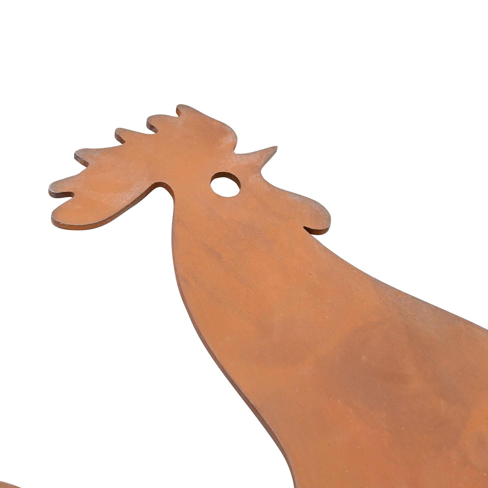 Rust-colored metal rooster sculpture on a white background