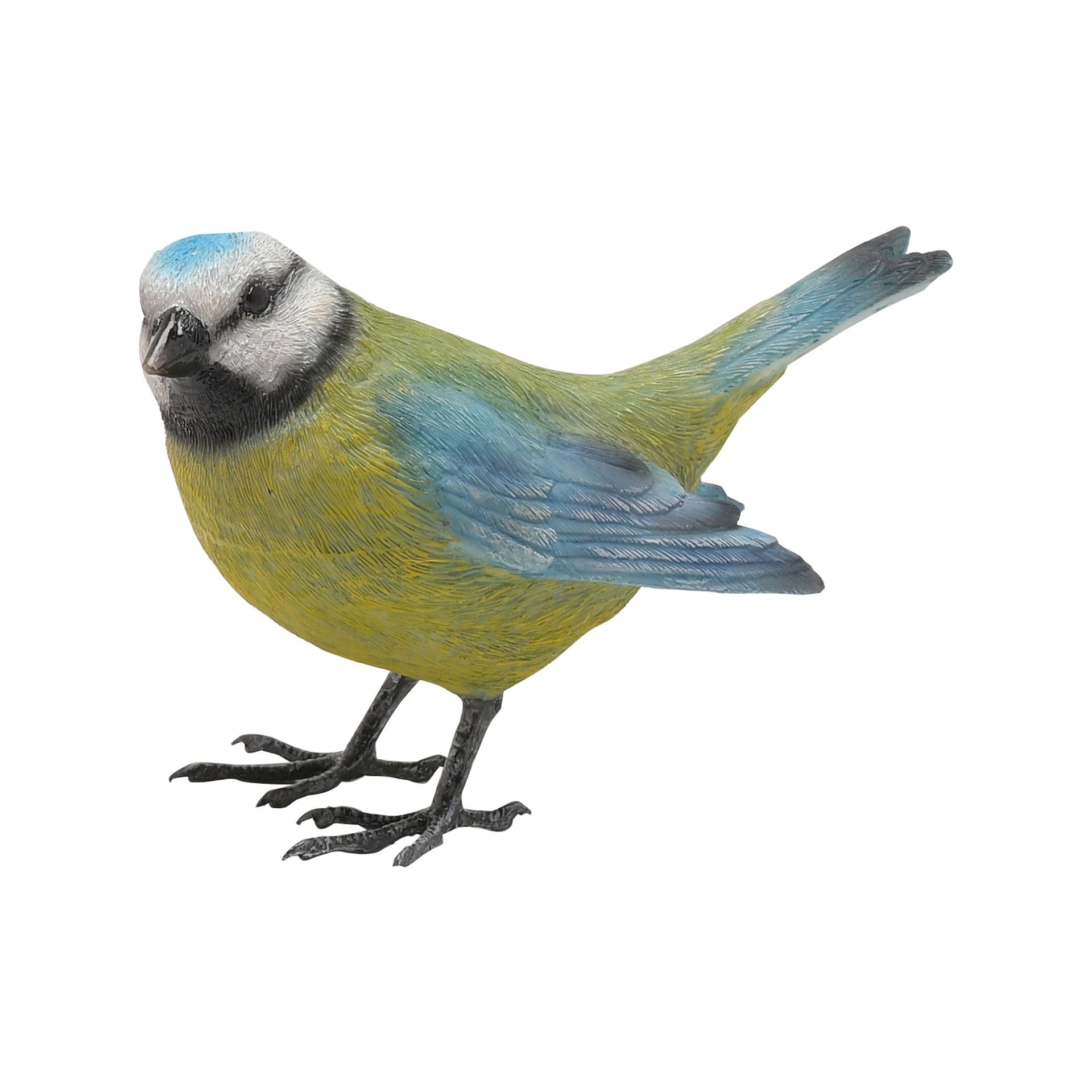 Colorful bird figurine with blue, green, and yellow feathers on a white background