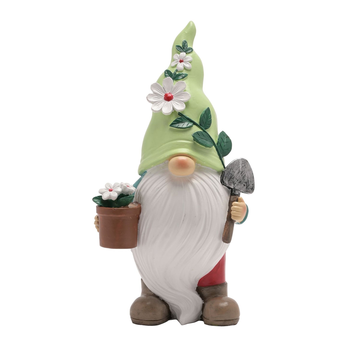 Gnome figurine with a green hat, white beard, and holding a flower pot and trowel on a white background