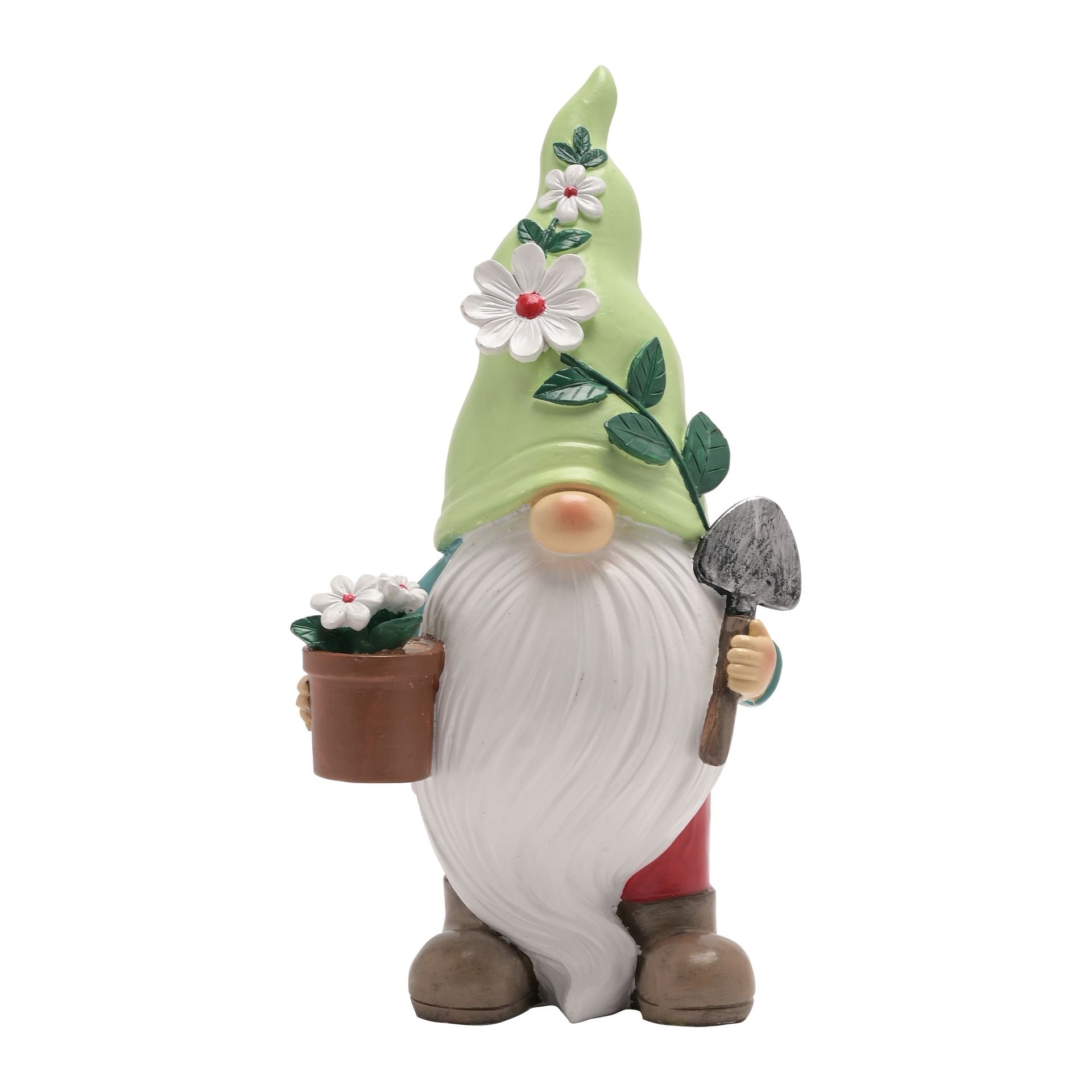 Gnome figurine with a green hat, white beard, and holding a flower pot and trowel on a white background