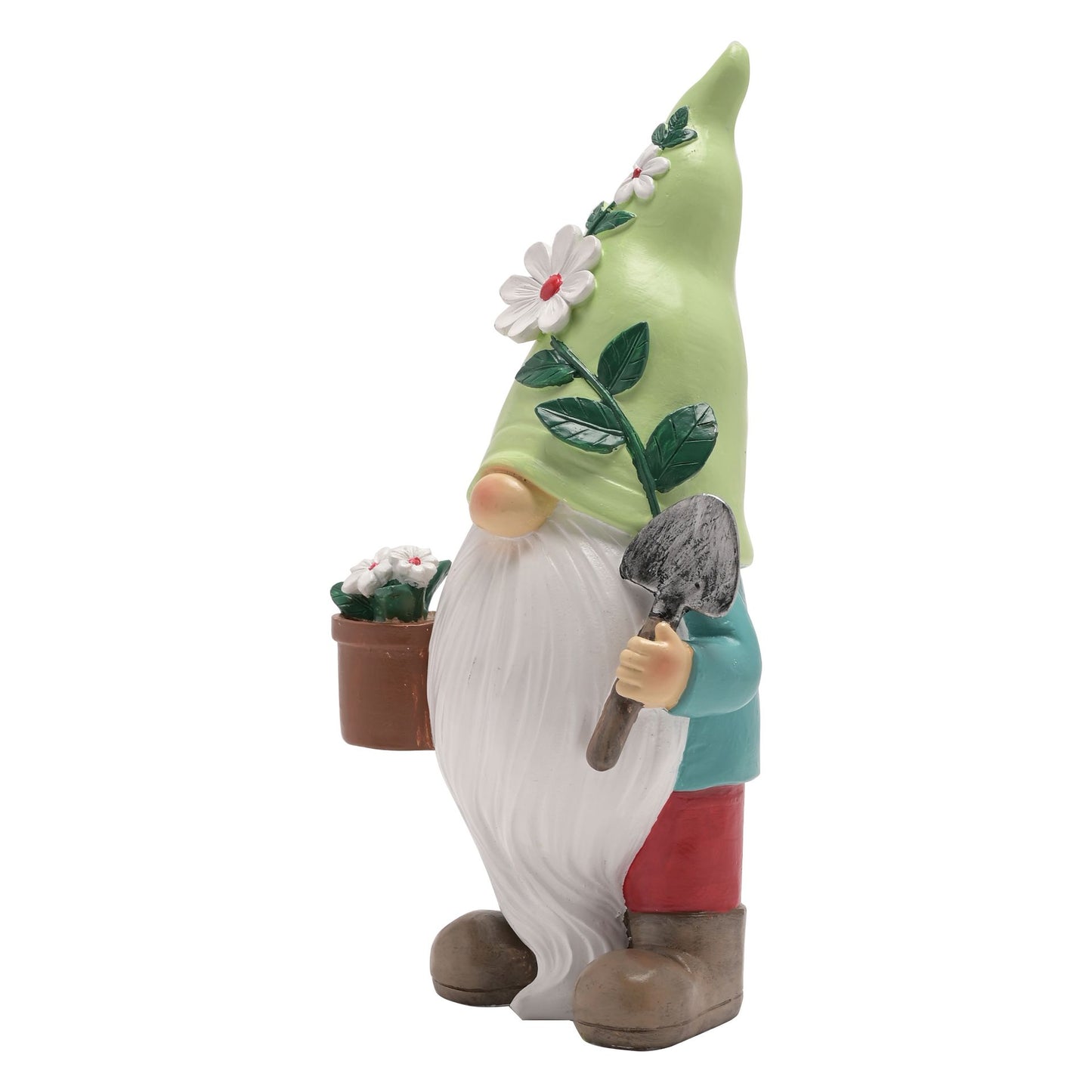 Gnome figurine with a green hat holding a flower and a shovel on a white background