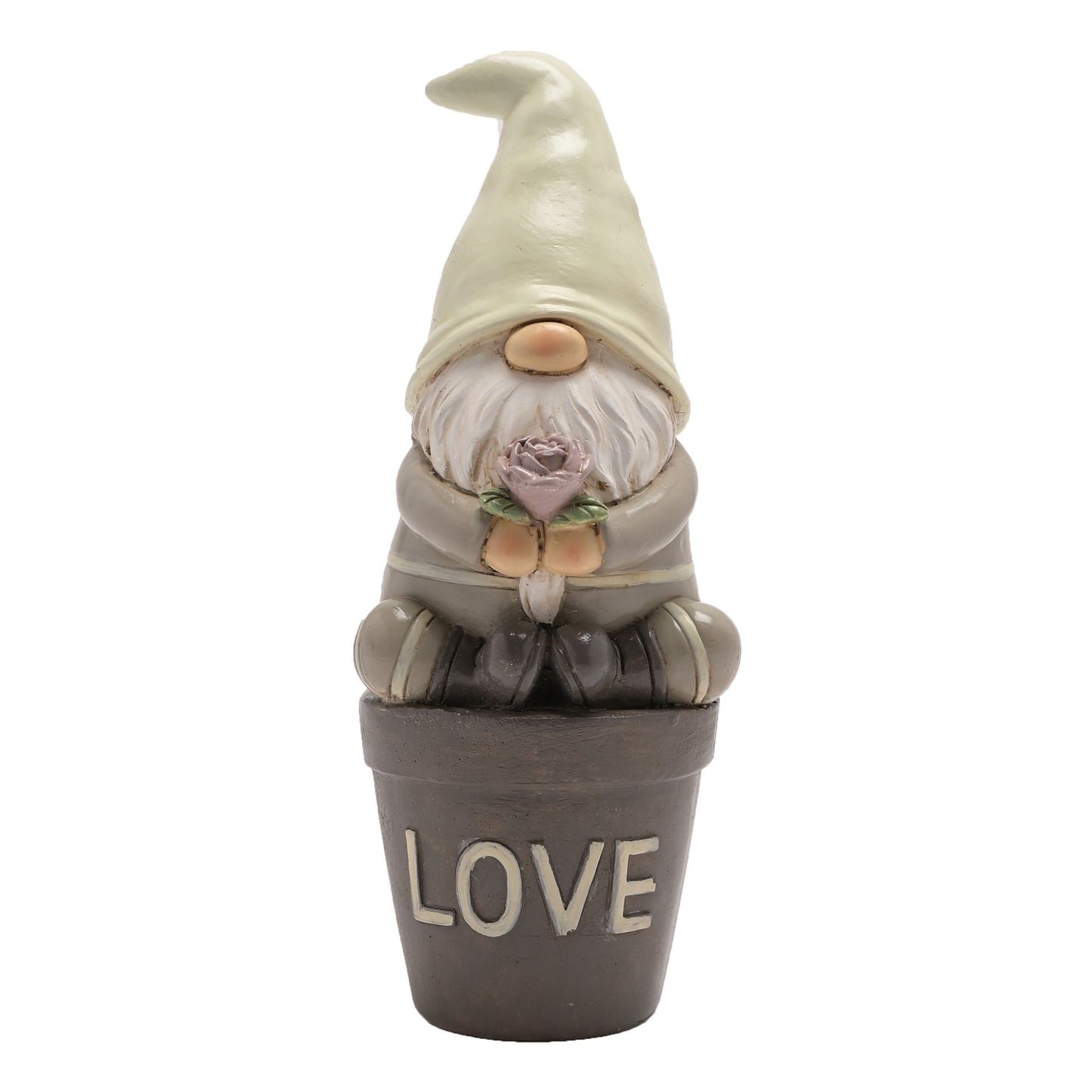 Gnome figurine in a pot with 'LOVE' on a white background