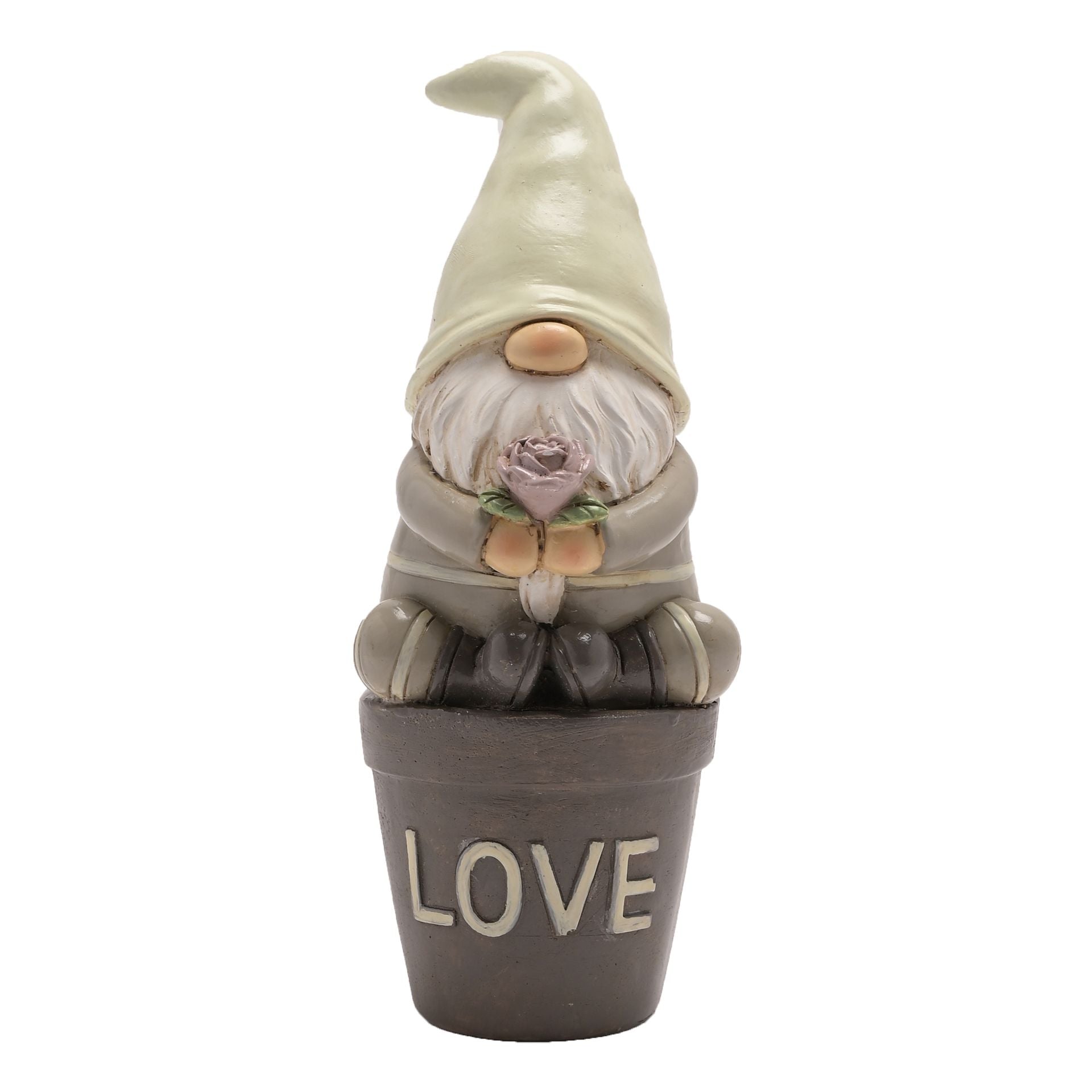 Gnome figurine in a pot with 'LOVE' on a white background