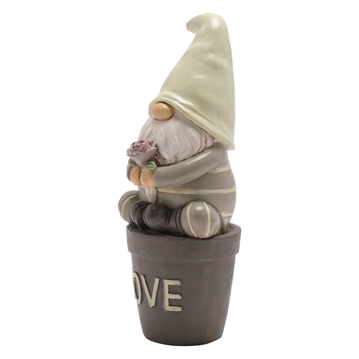 Gnome figurine with a pot labeled 'LOVE' on a white background