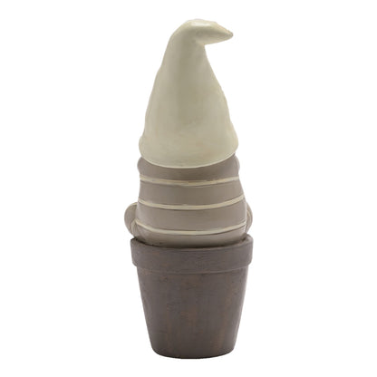 Decorative gnome figure with a pointed hat in a pot on a white background