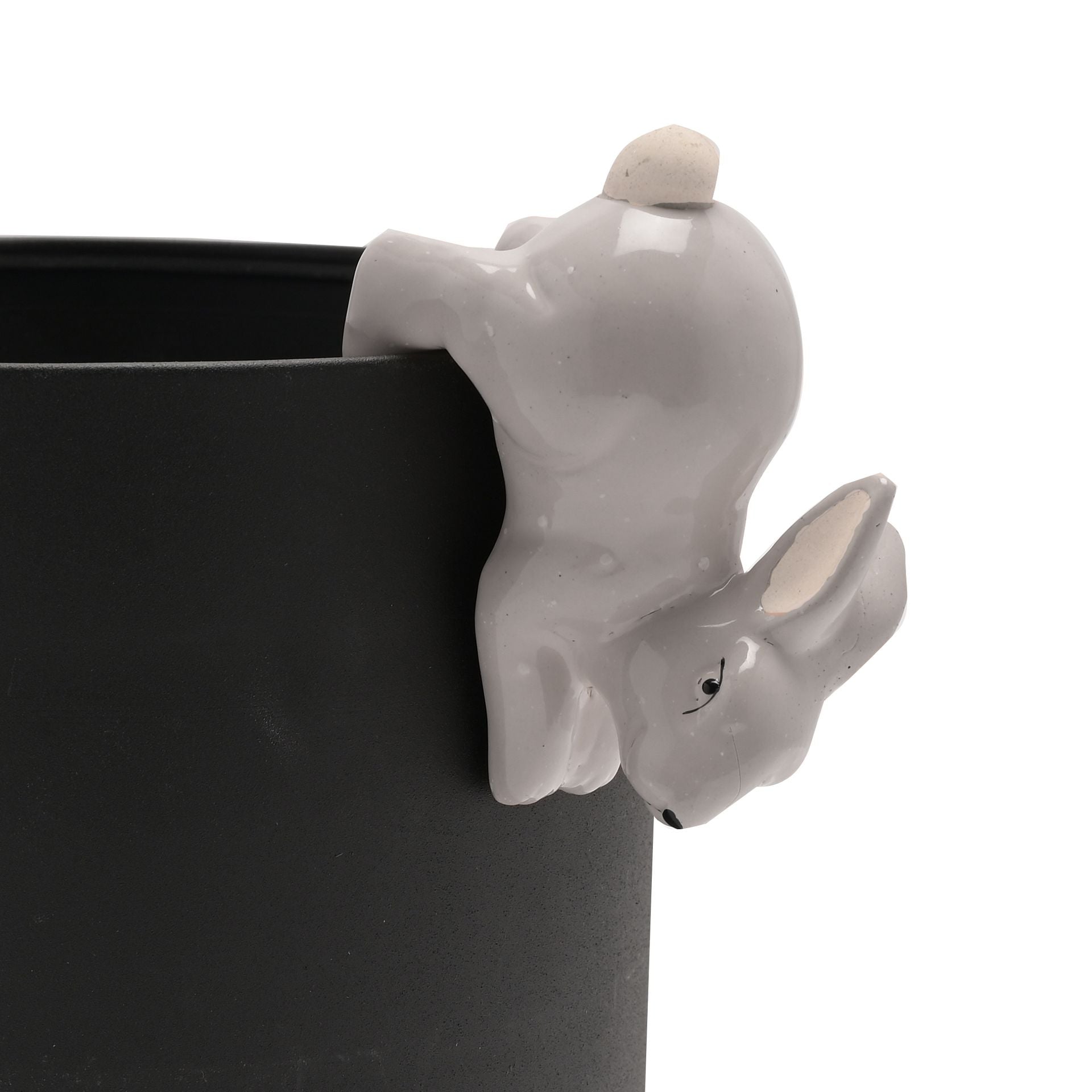 Gray ceramic planter with a rabbit design on a white background