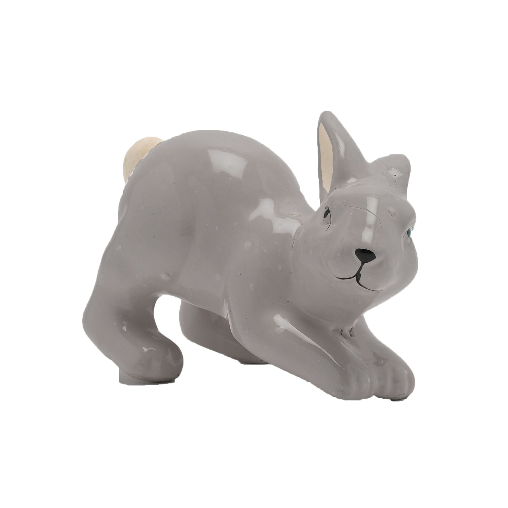 Gray ceramic rabbit figurine on a white background