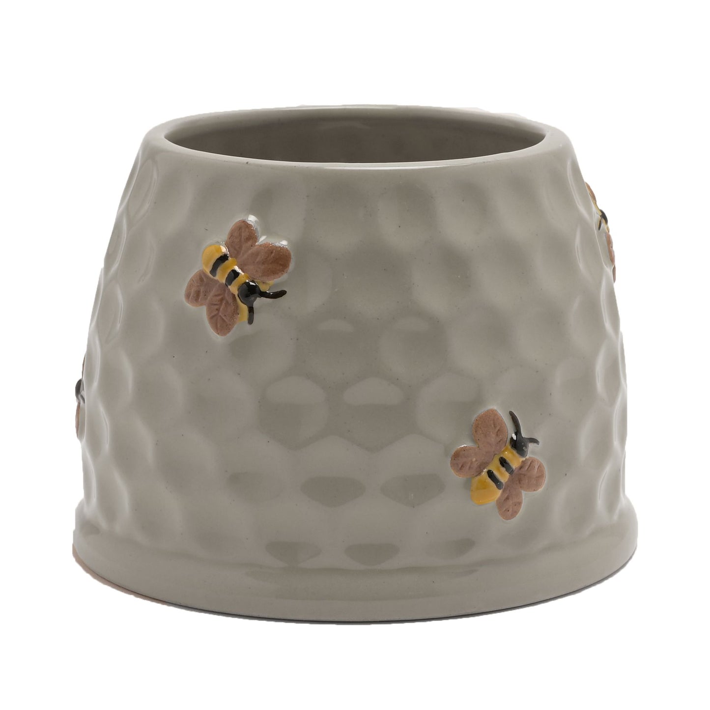 Ceramic planter with honeycomb design and bee decorations on a white background