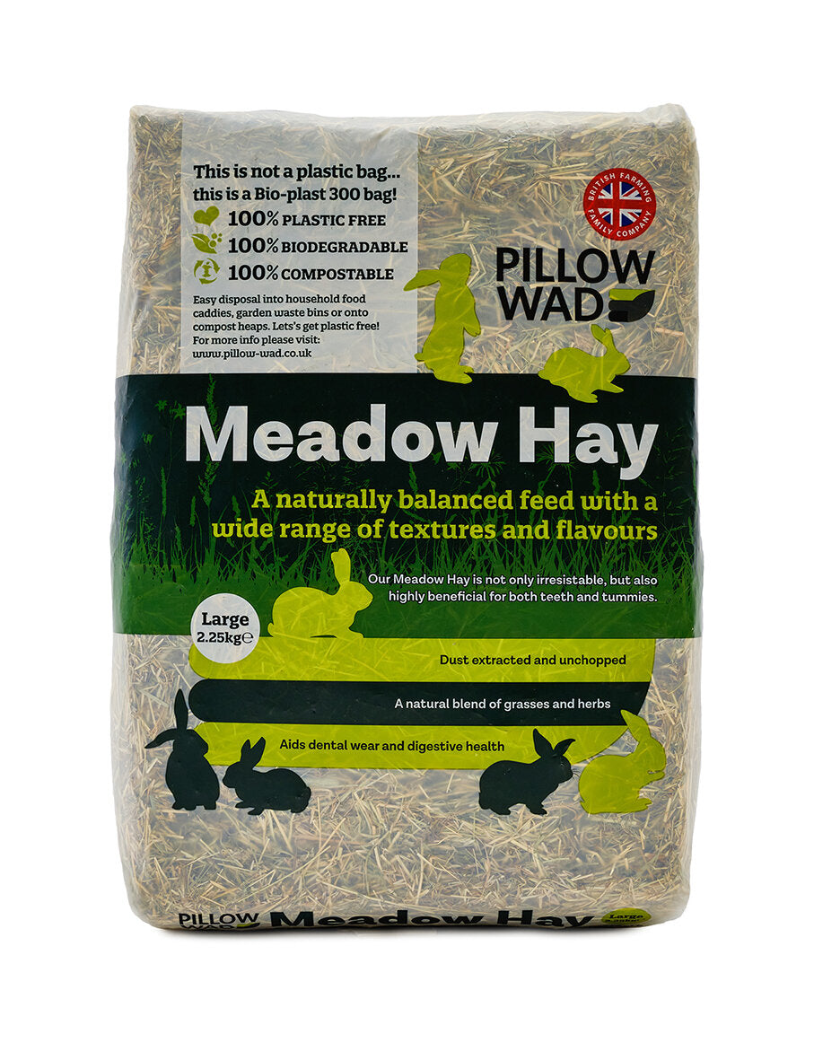 Bag of Pillow Wad Meadow Hay with text and graphics on a white background