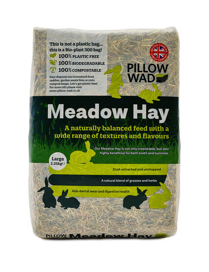 Bag of Pillow Wad Meadow Hay with text and graphics on a white background