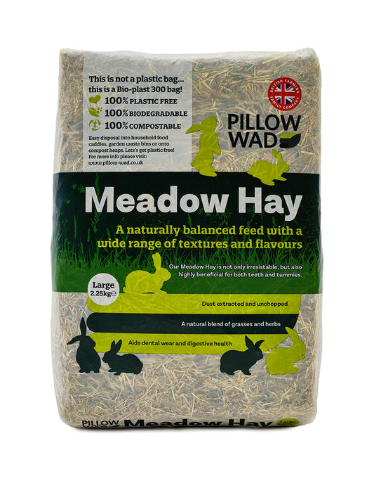 Bag of Pillow Wad Meadow Hay with text and graphics on a white background