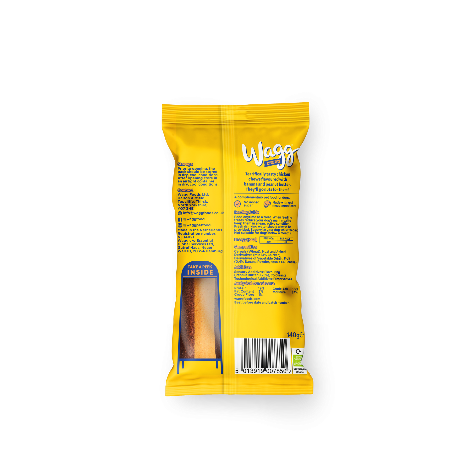 Yellow package of Wagg dog treats on a white background