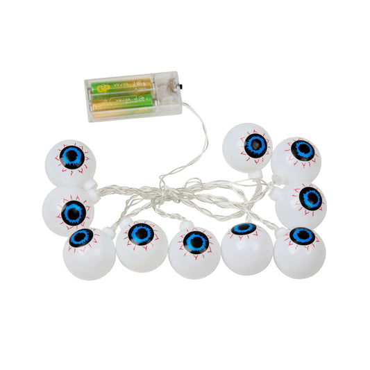 Glowing eyeball string lights with a clear battery-operated box on a white background.