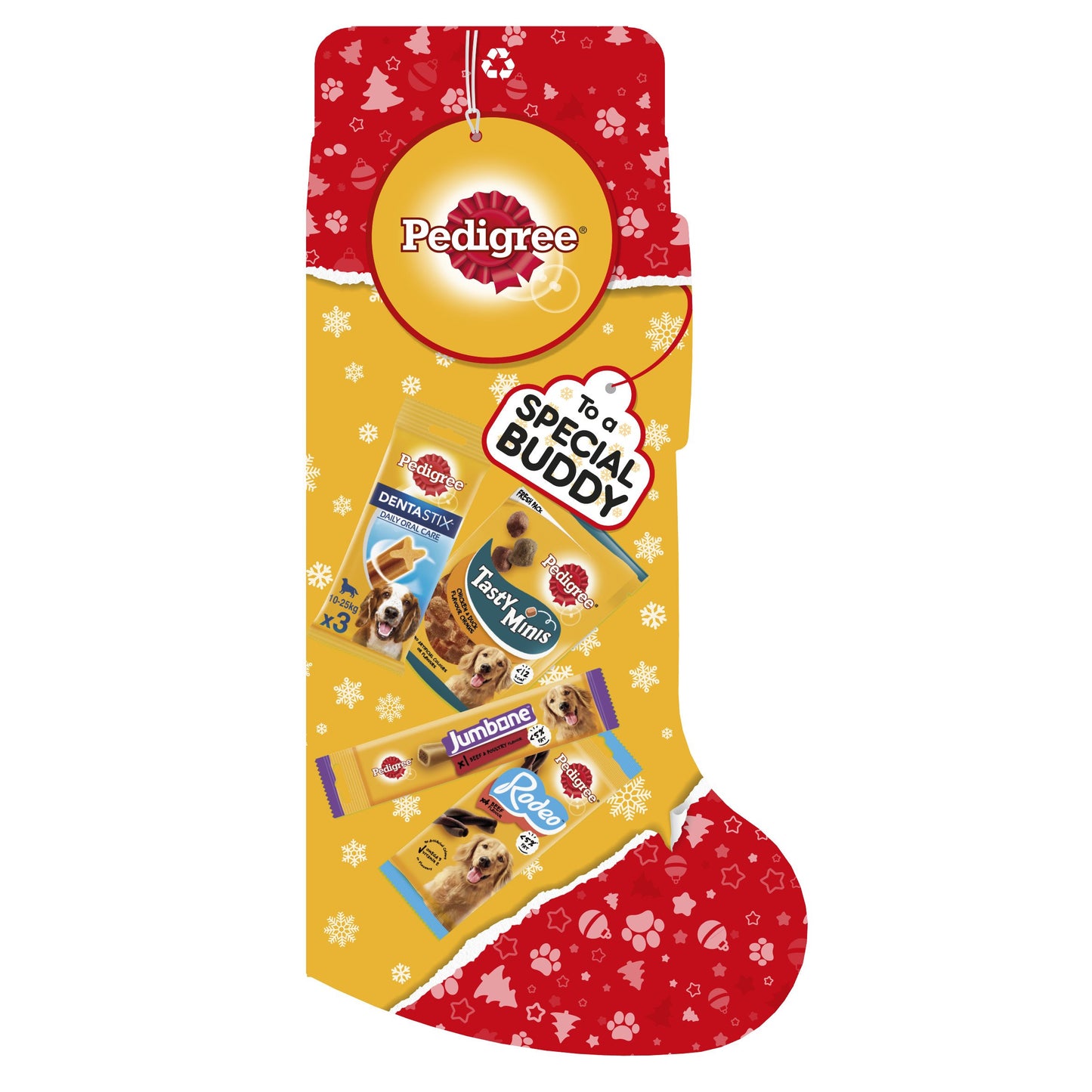 Pedigree pet treat stocking with various treats on a white background