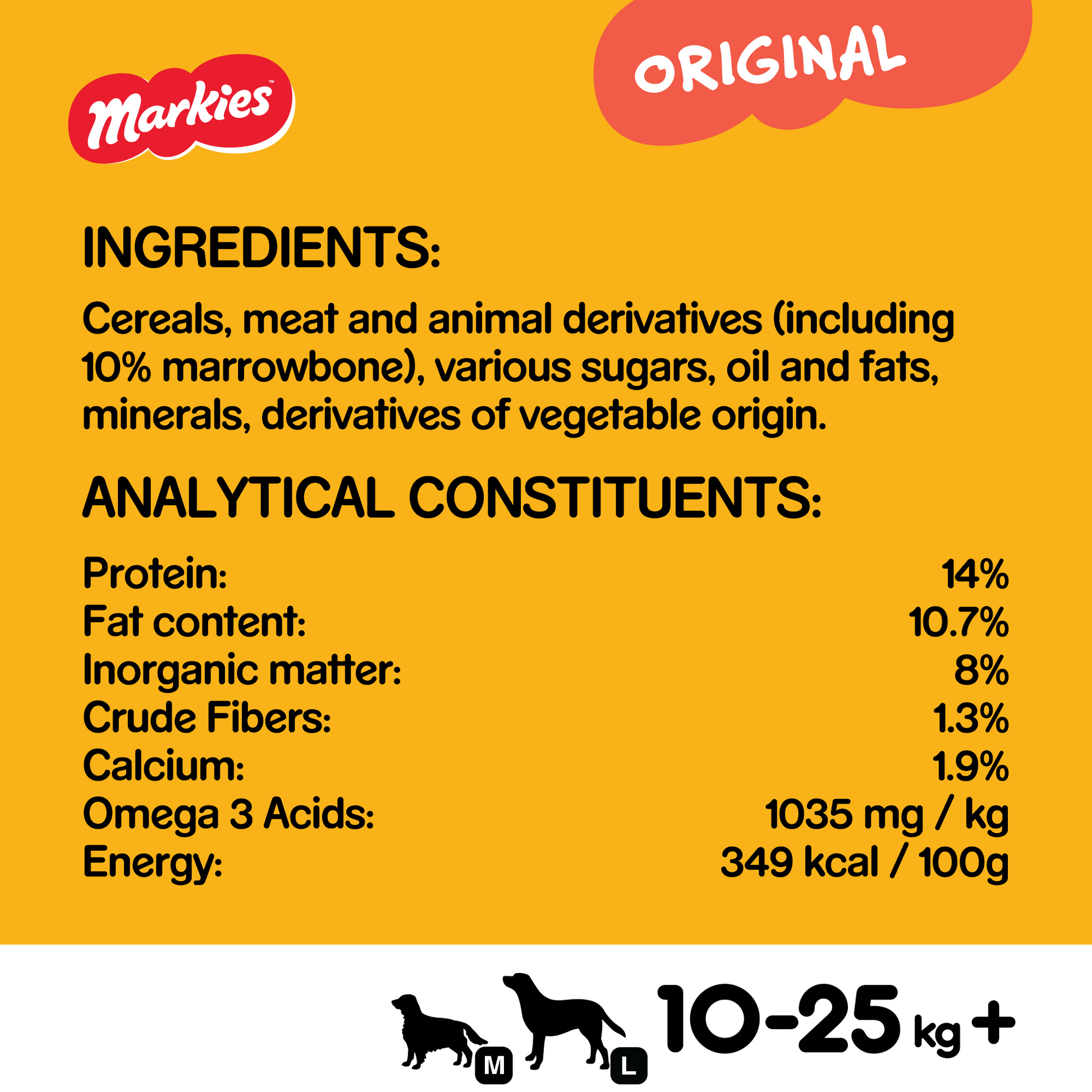 Dog food packaging with Markies branding, ingredients list, and nutritional information on a yellow background.