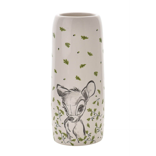 Ceramic vase with a deer illustration and green leaf pattern on a white background