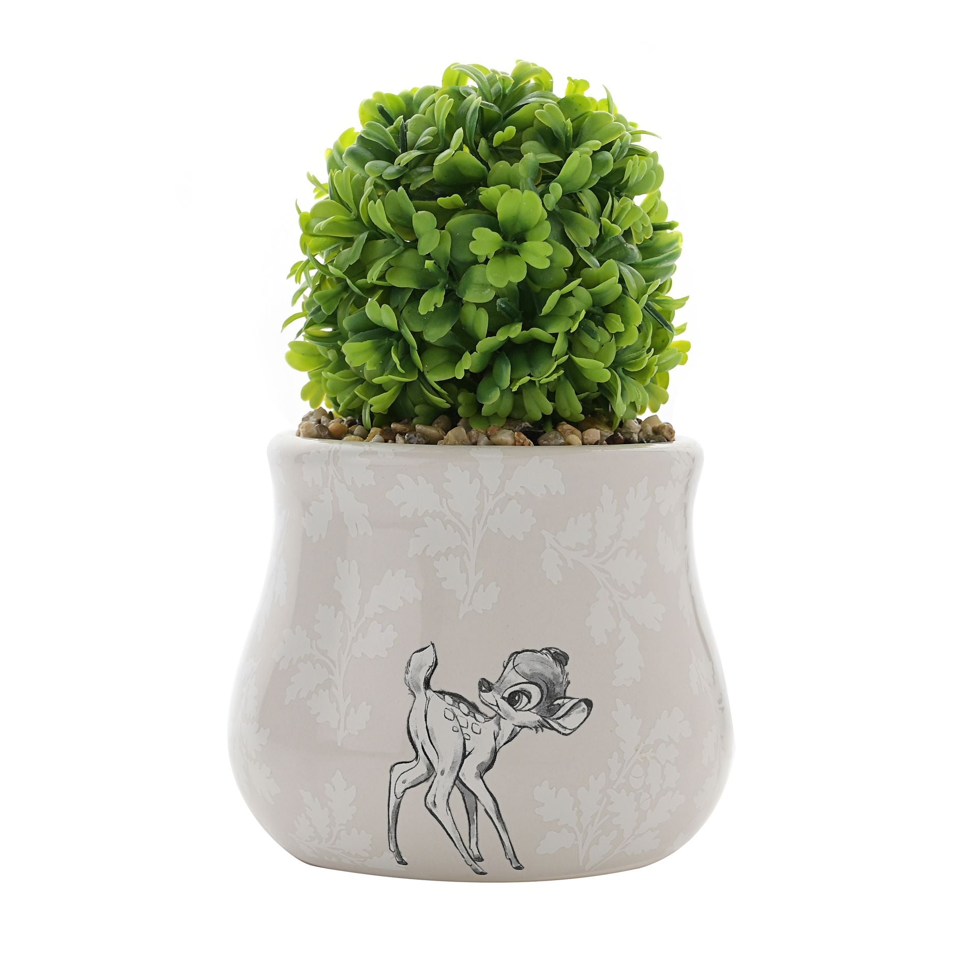 Green potted plant in a decorative pot with a dog illustration on a white background