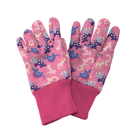 Pair of pink gloves with dinosaur pattern on a white background