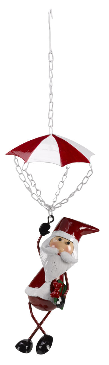 Decorative figure of a Santa Claus with an umbrella on a white background