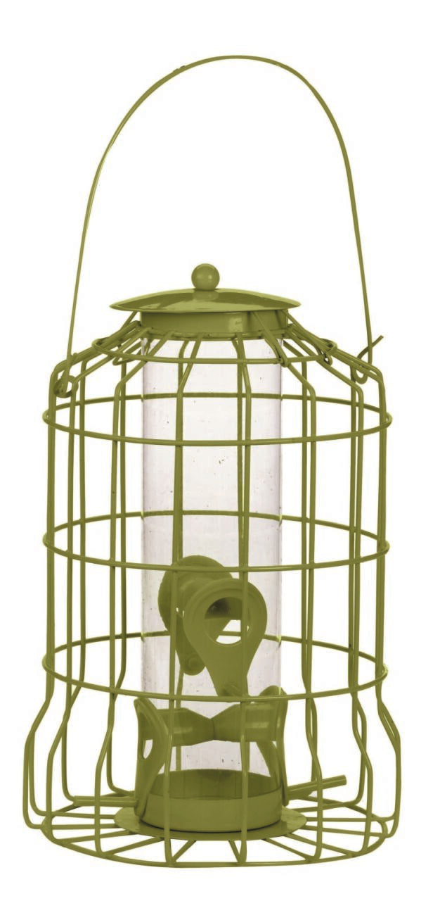 Green bird feeder with clear plastic cover on a white background