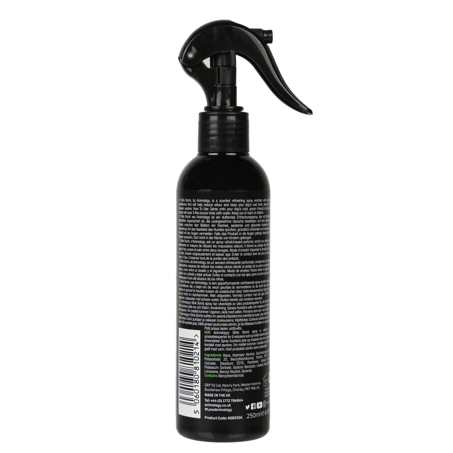Black spray bottle with a label on a white background