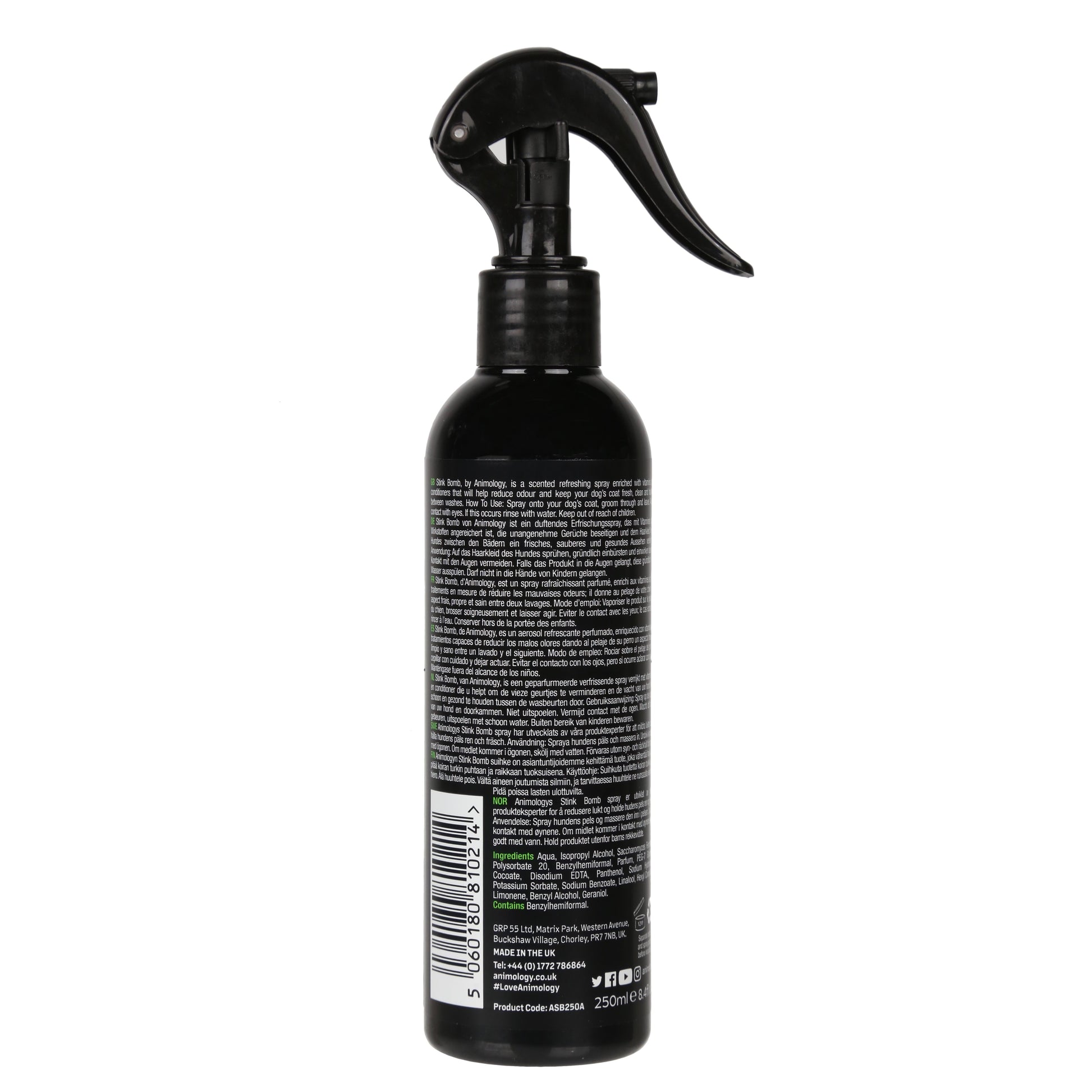 Black spray bottle with a label on a white background