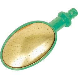 Gold-colored object with a green handle on a white background