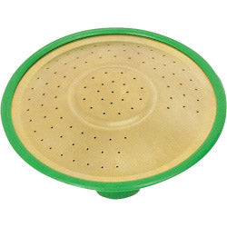 Green and beige strainer on a white background